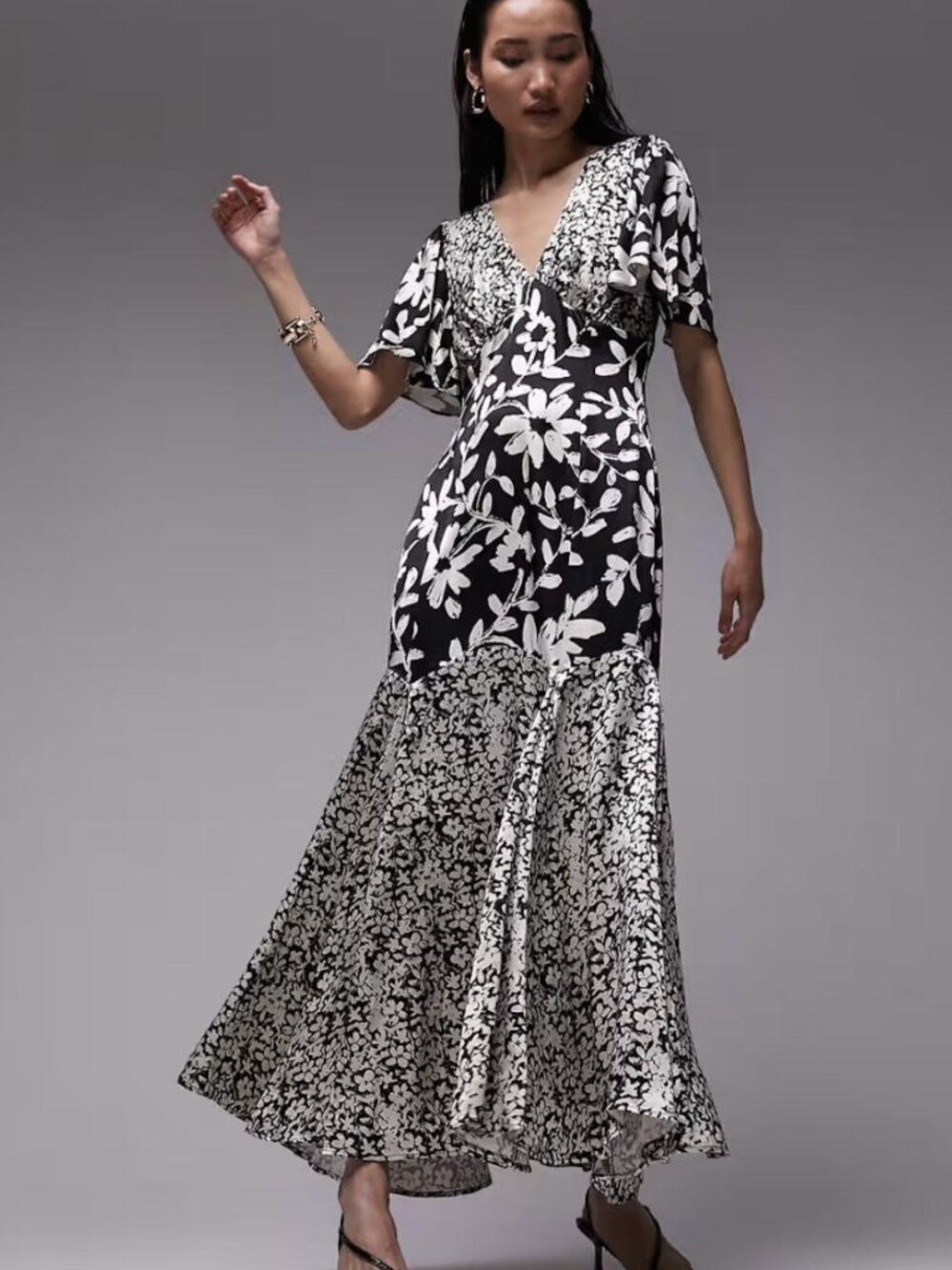 Topshop mix and match satin midi occasion dress in mono print